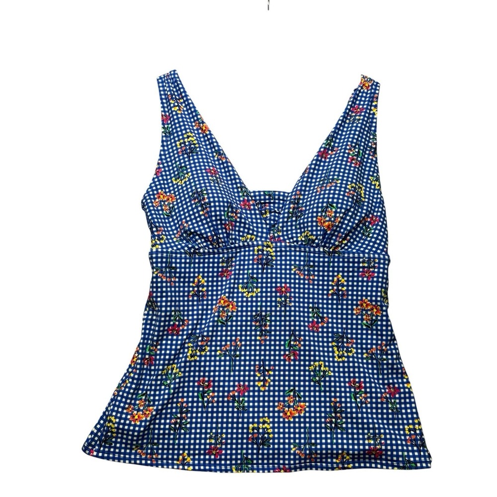 Lands End Womens Tankini Top 10 Blue Gingham Floral Swim Swimsuit
